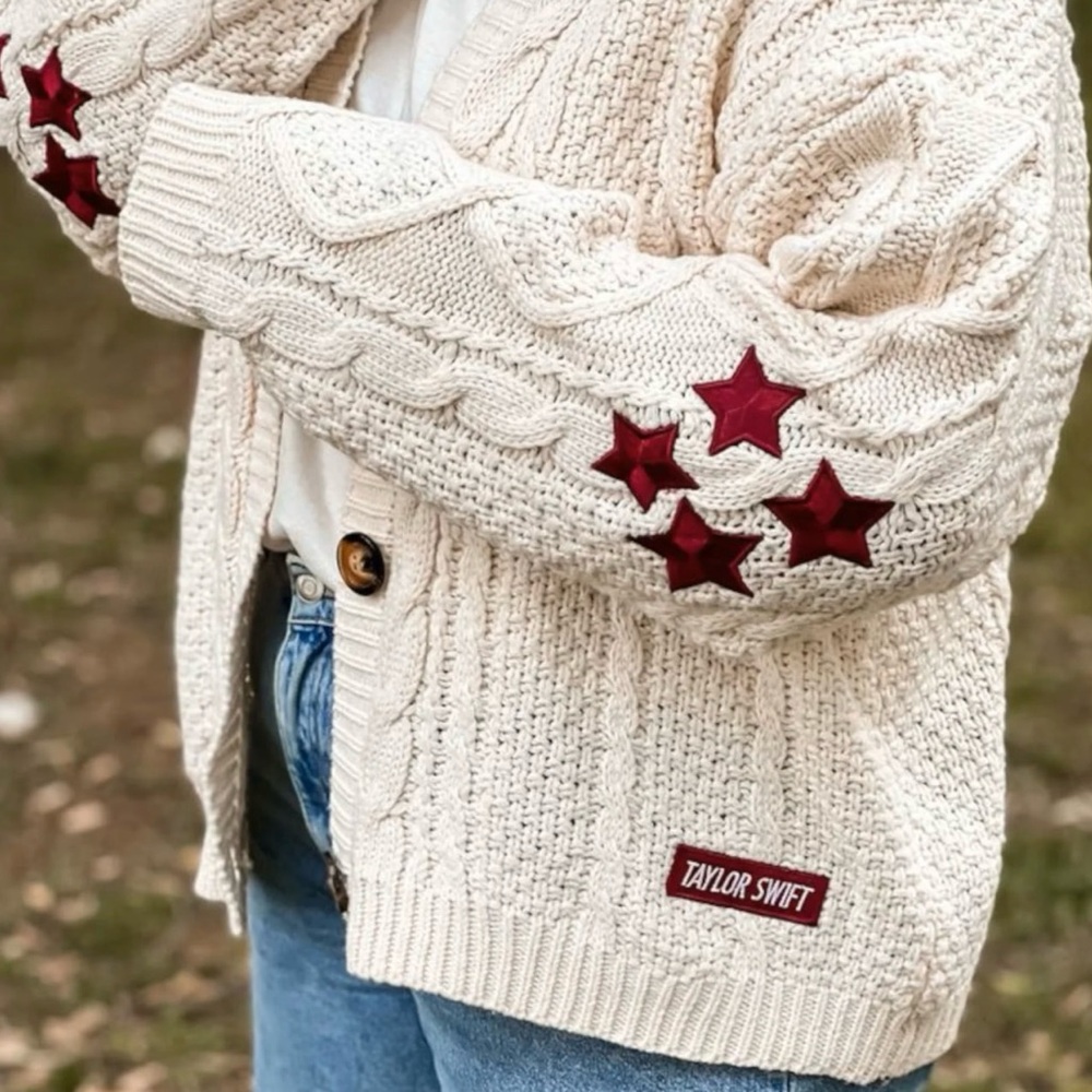Taylor Swift Cream Cable Knit Sweater with Red Logo Patch